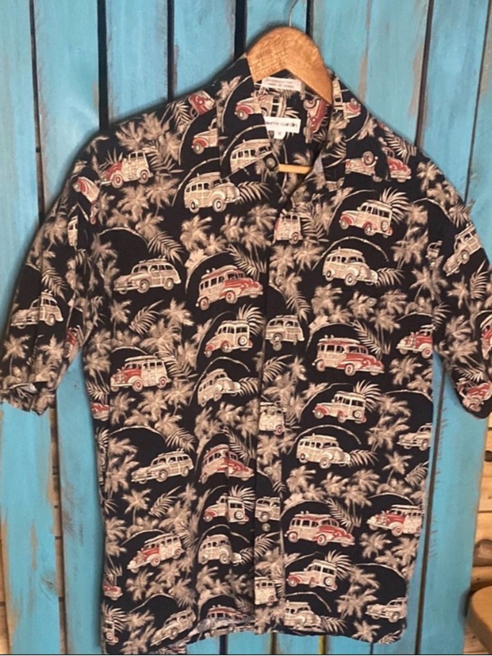 Vintage Pierre Cardin Black surfing Tropical Print Shirt medium woody wagons